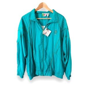 Vintage 90s Teal Quilted Windbreaker‎ Retro Preppy Puff Shoulders Size L